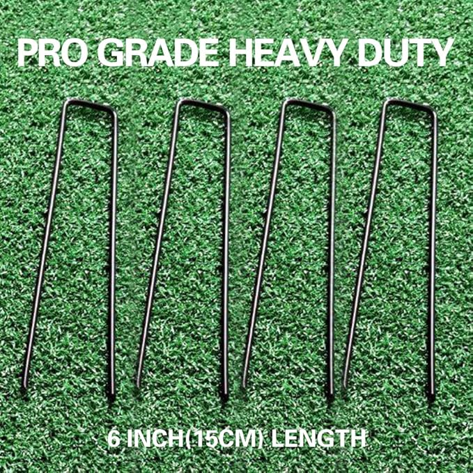 Bakulyor 50pcs Black Landscape Staples + 50pcs Buffer Washer, 6 Inch 11 Gauge Garden Stakes Staples, U Shaped Galvanized Lawn Pins Heavy Duty Yard Ground Pin for Weed Barrier Sod Fabric Decorations