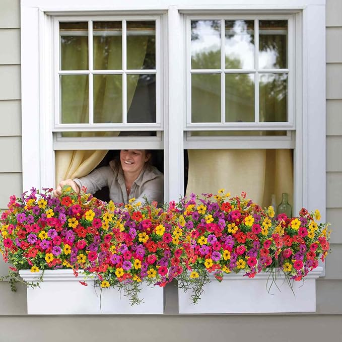 ADXORA 12 Bundles Artificial Flowers,Faux Plants for Spring Summer Decoration, UV Resistant Colorful Violets Eucalyptus for Outside Home Planter Porch Patio Yard Decor
