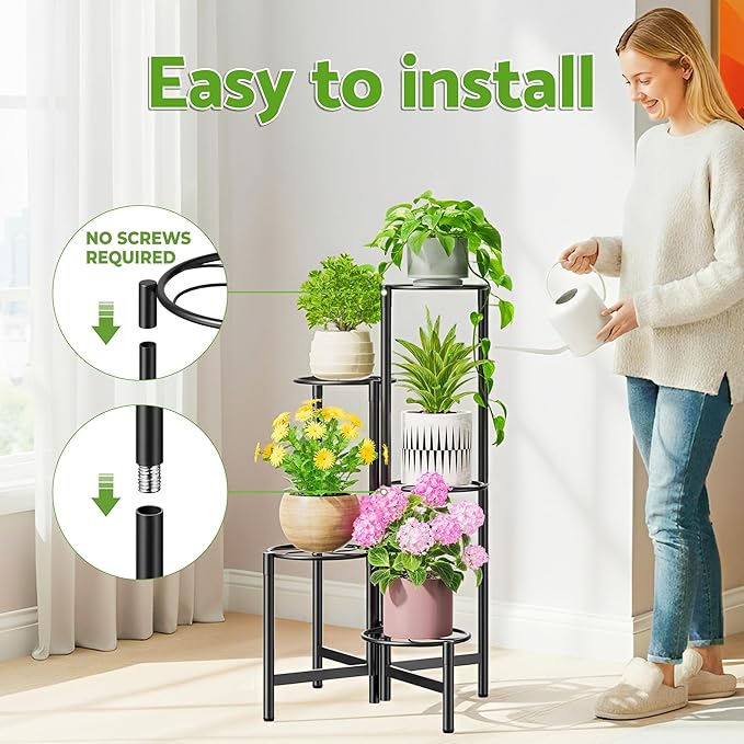 NQW Corner Plant Stand Indoor Outdoor Tall Metal Flower Pot Stands for Multiple Plants 5 Tier Heavy Duty Plant Shelf for Patio Garden Balcony Living Room Bedroom Black Kite