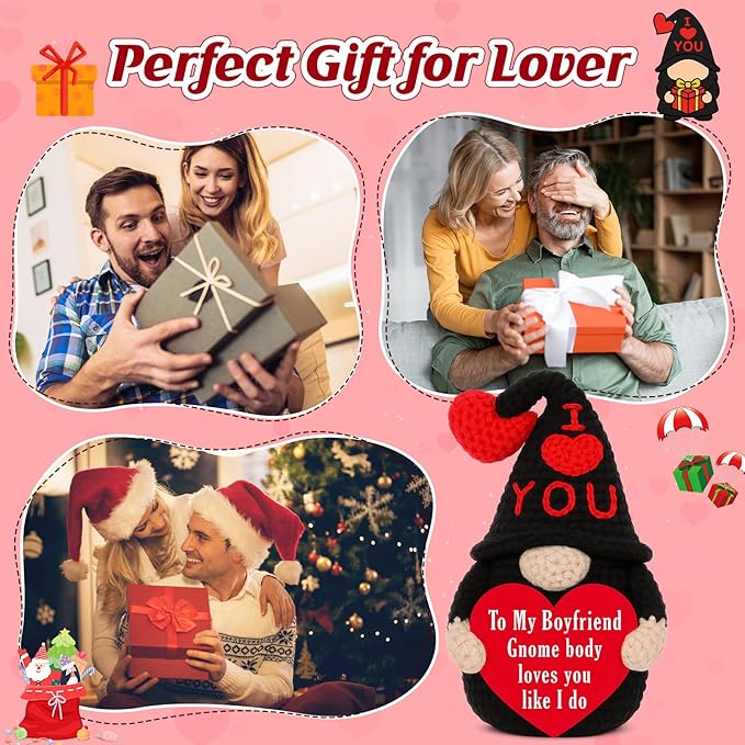 Valentines Gifts for Boyfriend from Girlfriend - Handmade Crochet Gnome, Romantic Valentine‘s Day Birthday Xmas Presents for Him, I Love You Sentimental Gift for Lover