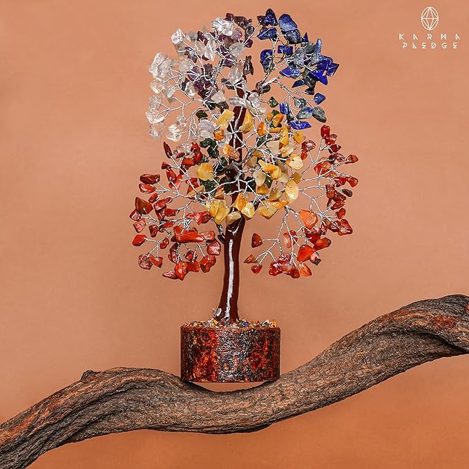 KARMAPLEDGE 7 Chakra Healing Crystal Tree of Life with Manifestation Card, Handmade Silver Wire Crystal Tree for Good Luck, Positive Energy, Wealth, Reiki Healing, and Decor, Gift for Women and Mom