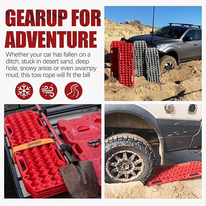 BUNKER INDUST Off-Road Traction Boards with Jack Base,Pair Recovery Track 4X4 Jeep Truck Emergency Tire Traction Mat with Bag -Sand, Mud, Snow Tracks Red Traction Pad (Gen 7th)