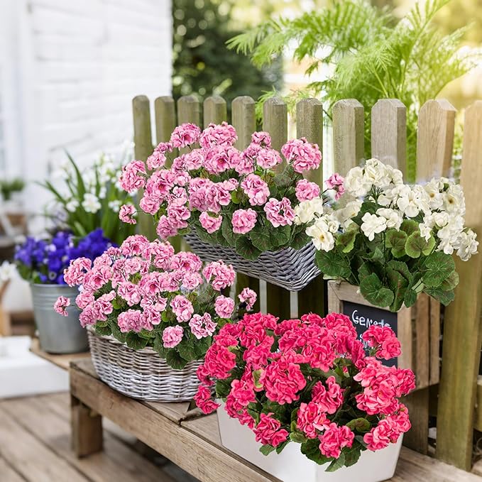 Uqueeten Plastic Flowers for Outdoors Home Decor Fake Plants Artificial Flowers Artificial Geraniums Outdoor Fake Flowers Silk Bouquet, Fall Decor for Interior Porch Garden Decor14.4 (Pink) 8PCS