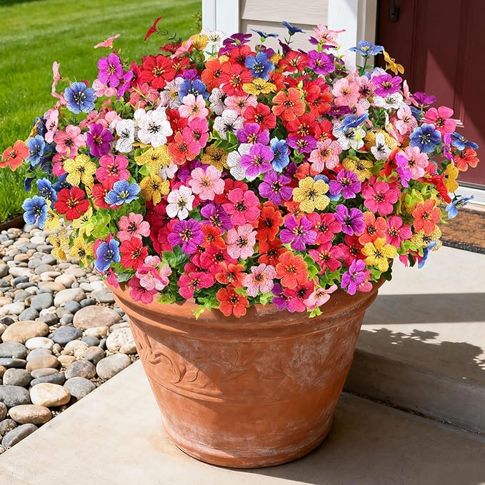 16 Bundles Artificial Flowers for Outdoors, Realistic Fake Silk Flowers for Outside, UV Resistant Faux Plants for Outdoor Planter, Hanging Basket - Porch Spring Easter Decor(8 Colors)