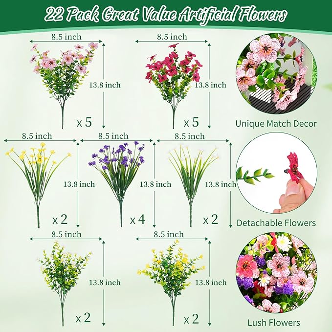 BLEUM CADE Artificial Flowers for Outdoors, 22 Bundles Fake Outdoor Flowers Faux Plants, UV Resistant Artificial Plants & Flowers for Decoration, Outside Fake Plants for Porch Garden Decor