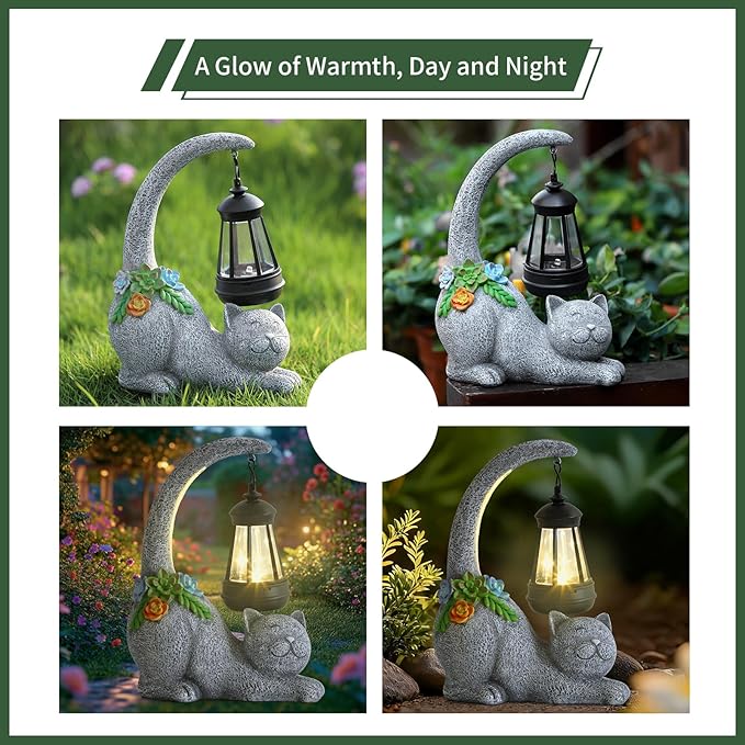 Ploxoiven Garden Cute Cat Gnome Statue Decorations - Solar Resin Cat wtih Solar Garden Lights Outdoor Decorations Waterproof for Patio,Yard,Lawn,