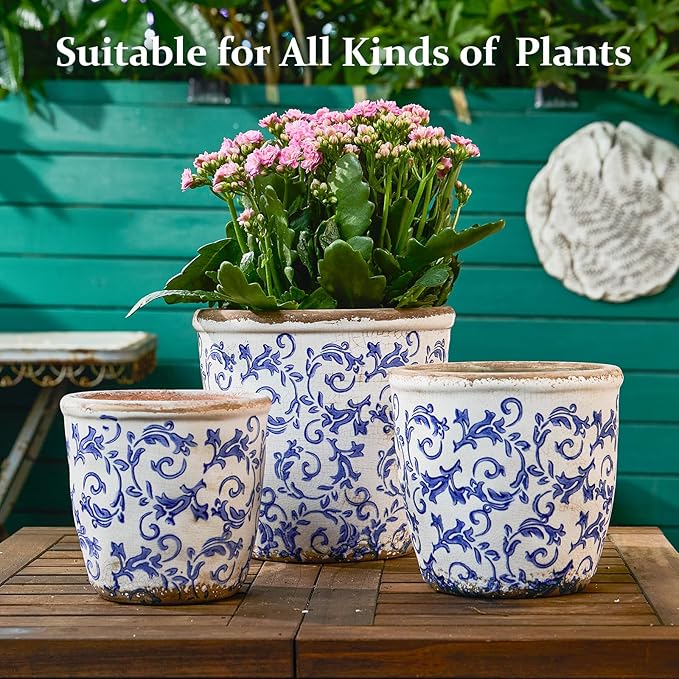 Teweiqi Vintage Ceramic Planter Without Drainage Hole, 6.5 Inch - Indoor/Outdoor Flower Pot for Orchids, Succulents, Blue Floral Rustic Farmhouse Plant Pot for Home, Office & Garden Décor, Ideal Gift