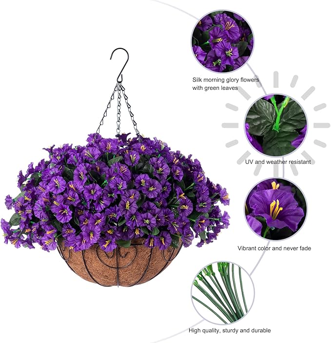 Artificial Fake Hanging Flowers Plants Basket for Outdoor Spring Summer Decoration, Faux Silk Flowers Outside Look Real Morning Glory UV Resistant for Porch Patio Balcony Garden Yard Home Purple