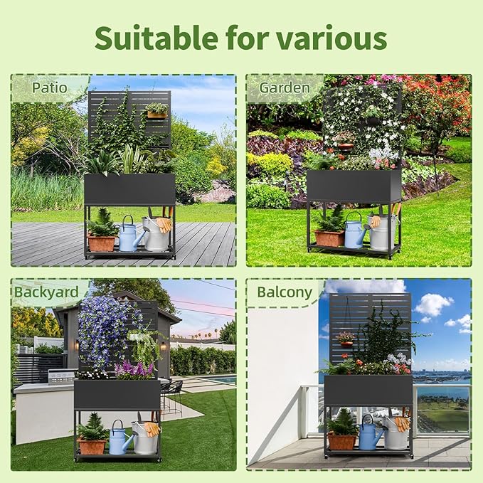 Metal Planter Box with Trellis,67" H x35 W Raised Garden Beds with Privacy Screen for Climbing Plants Flower, Elevated Standing Planter Garden Bed with Drainage Holes for Outdoor Patio,Black