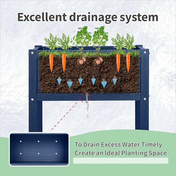 Raised Garden Beds Outdoor,Raised Herb Planter Box Outdoor with Legs and Drainage Hole Waterproof,Rot Resistant,for Vegetables Flower Tomato Patio Backyard Navy
