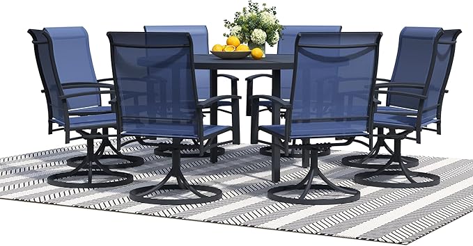 9 Pieces Outdoor Table and Chairs for 8, 60" Black Round Table with 8 Blue Swivel Chairs, Patio Set with Swivel Chair, Garden Tables for Outdoor, Patio Dining Set for Lawn Backyard Poolside