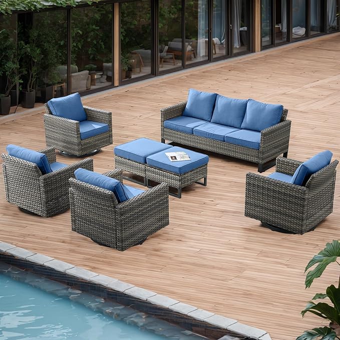 Rilyson Wicker Outdoor Patio Furniture Set - 7 Piece Patio Conversation Set with 4 Swivel Rocker Chairs,2 Rattan Ottoman and 1 Couch for Outside Porch Deck Backyard(Mixed Grey/Blue)