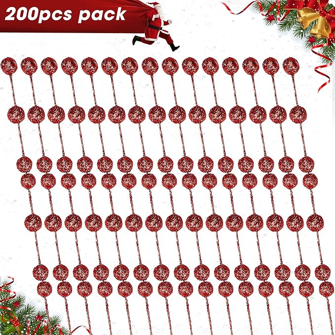 Syhood 200 Pcs Glitter Berry Stems, 13.8 Inches Christmas Berry Picks Holly Branches for Christmas Tree Decorations, Holiday Ornaments Home Decor and DIY Crafts(Red)