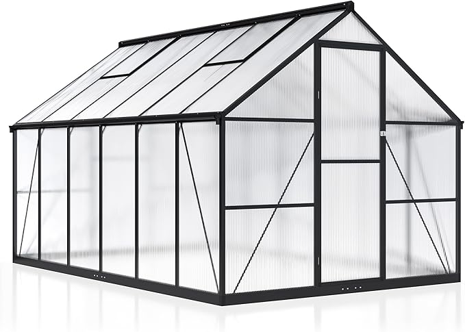 WKM 8x12 FT Greenhouse for Outdoors, Quick-fit Structure Polycarbonate Green House with Window for Ventilation, Walk-in Aluminum Greenhouse for Outside Garden Backyard, Black