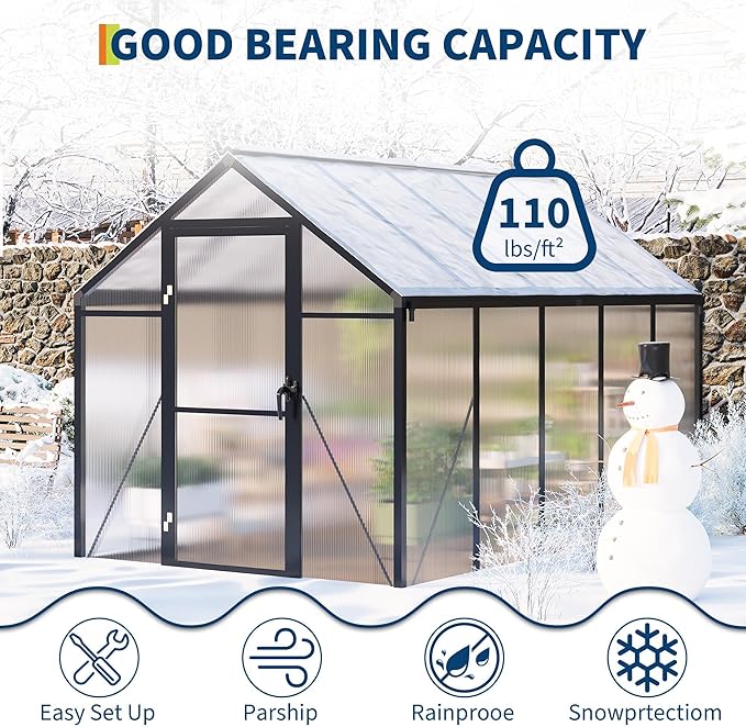 6x10 FT Greenhouse, Polycarbonate Walk-in Greenhouse for Outdoors with Roof Vent & Lockable Outward-Opening Swing Door, Heavy-Duty Aluminum Green House for Garden, Backyard, Patio, Lawn, Dark Grey