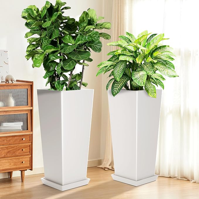 TUYOHW Set of 4 24" Tall Plastic Planters with Trays, Large Tapered Plant Pots for Indoor Outdoor Use, Modern Decorative Planters for Porch, Patio, Garden, and Backyard