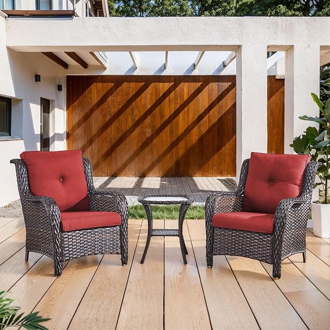 Belord High Back Patio Chairs Set of 2 - Brown Wicker Outdoor Seating, 4" Wide Armrests Rattan Outdoor Club Chairs with Red Removable Cushion for Deck Porch Backyard