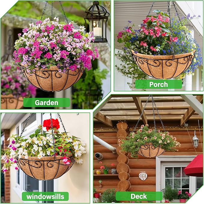 Legigo 6 Pack 10 Inch Metal Hanging Baskets for Plants Outdoor- Round Wire Hanging Planters Basket with Coconut Coir Liner, Hanging Flower Pot for Outdoor Plants Flowers Garden Decorations