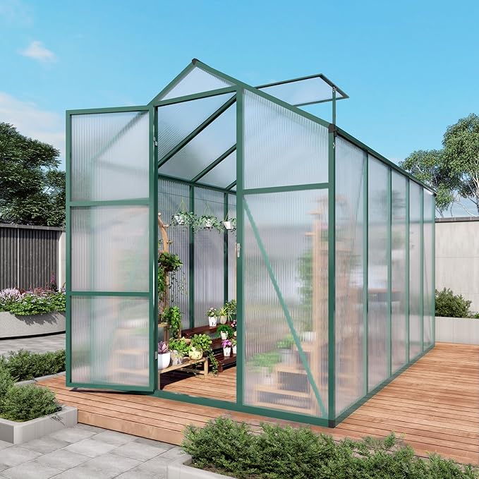 6x10.1 FT Greenhouse for Outdoors, Polycarbonate Greenhouse with Stronger Wind Protection, Lockable Door and Roof Vent, Large Walk-in Aluminum Sunroom for Garden, Backyard, Lawn, Green