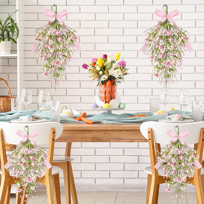 2 Pack 24'' Easter Teardrop Swags for Front Door Pastel Pink Easter Eggs Teardrop Wreath Artificial Spring Floral Hanging Swags with Ribbon Berry Flower for Farmhouse Home Outdoor Window Wall Decor