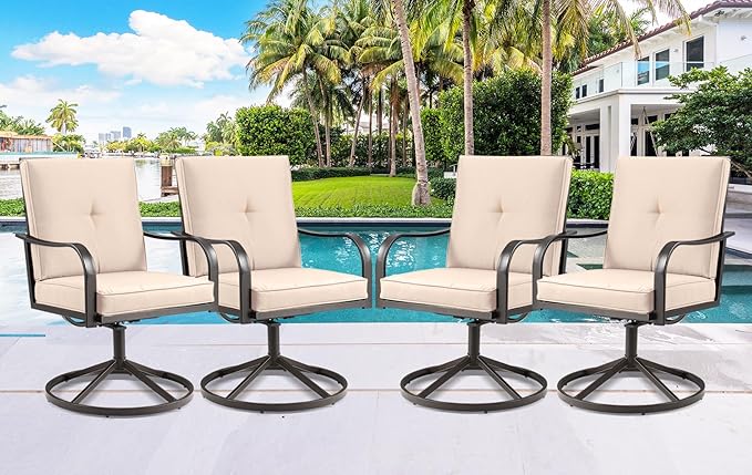 Patio Swivel Chairs Set of 4, Heavy Duty Outdoor Swivel Dining Chairs with Thickened Cushions, All Weather Metal Patio Chairs for Outside Garden Lawn Porch, Beige
