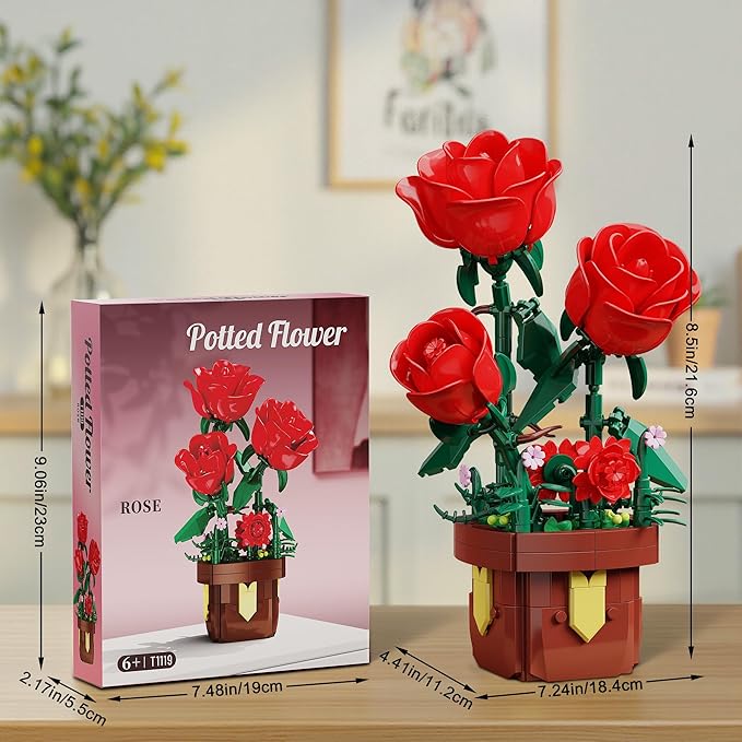 EITOLNR Roses Flowers Botanicals Building Sets,Artificial Plants Bonsai Building Blocks Toys for Adults,Indoor Home Office Decor,Easter Christmas Birthday Gift for Adults Women,Girls Age 8-12(307Pcs)