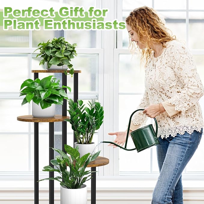 YOCOMEY 5 Tier Wood Tall Plant Stand Metal Rack Indoor, Multiple Flower Pot Holder Shelves Corner Rack, Round Planter Shelf Display Rack Storage Organizer for Patio Living Room Balcony(Black)
