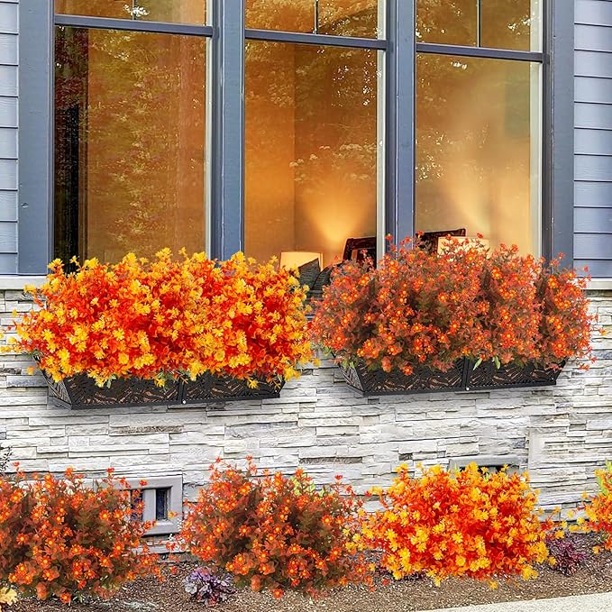 Grunyia 12 Bundles Artificial Fall Flowers No Fade Faux Autumn Plants, Fake Indoor Outdoor Greenery Decorations for Thanksgiving Christmas Wedding Party Home Garden Fireplace Décor (Fall Orange)