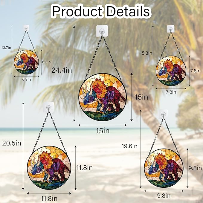 Stained Glass Window Hanging - Triceratops Abstract Dinosaur Suncatcher for Door Terrace Garden Home Decor, Orange Red Sun Catcher Birthday Gifts for Lovers Women Men Dad Mom Nana 6.3 in