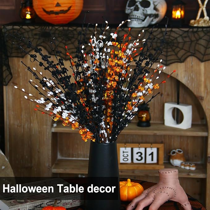 10pcs Jasmine Halloween Flower 29.5'' Long Halloween DIY Floral Picks for Halloween Party Indoor Decorations Gothic Home Badroom Centerpieces Vase Fillers (Orange, White, Black)
