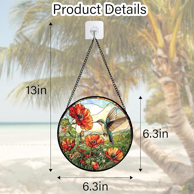 DASTOLL Stained Glass Window Hanging, Hummingbirds Orange Flowers Suncatcher Diamond Glass Panel Hangings Sun Catchers Decor for Birthday for Women, Men, Wife, Aunt, and Mom 6.3 in