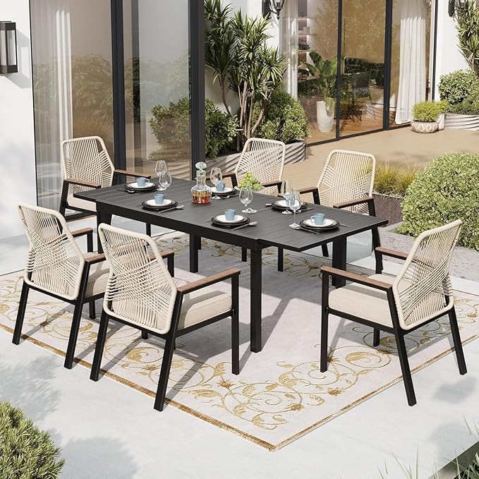Patio Dining Chairs Set of 8, Heavy-Duty Woven Rope Outdoor Chairs with Waterproof Cushion and Wrought Iron Frame, All-Weather Outside Seating for Kitchen Garden Deck Backyard