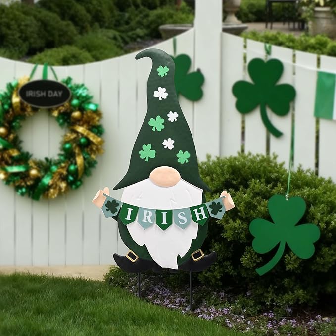 TERESA'S COLLECTIONS St. Patricks Decorations Outdoor for Home, Metal Garden Gnomes Decor Yard Stakes, Green Garden Stakes Gifts for Party, Saint Patricks Yard Signs for Outside Lawn Porch Patio, 27"