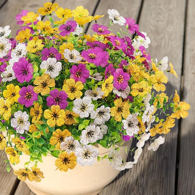 ATTGREAT Artificial Spring Flowers Outdoors UV Resistant Plastic Flowers Outdoors Faux Flowers Fake Plants Outside for Garden Porch Planters Silk Flowers Decor, 6 Bundles (Mix White Yellow Purple)