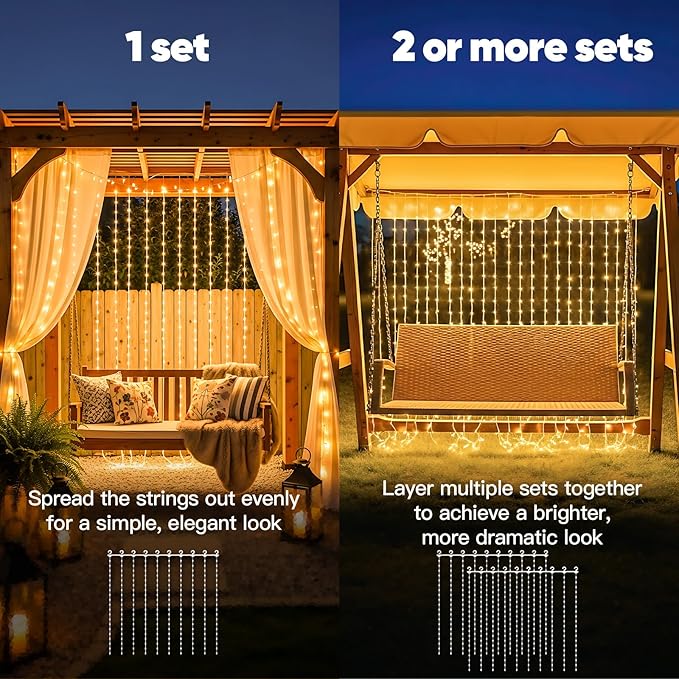 suddus Solar Tangle-Free Curtain Lights,200 LED Hanging Lights with Hook, Waterproof Window Lights for Christmas, Dorm, Wall, Backdrop, Window, Wedding, Party, Birthday Decor, Warm White