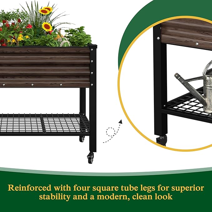 BlueWish 48" W x 24" D x 34" H Outdoor Galvanized Garden Bed, Elevate Raised Bed with Detachable Black Liner, Rolling Casters, Storage Shelf, Planter Boxes for Gardening, Vegetable, Flower, Rustic
