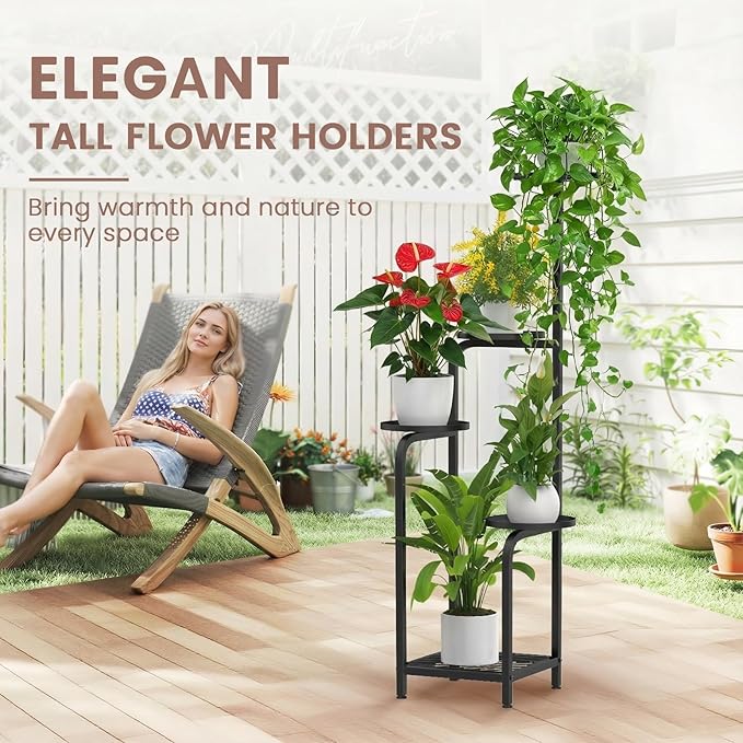 TOSKING 5 Tier Tall Plant Stand Indoor Outdoor, Heavy Duty Corner Shelf for Plants & Decor, Space Saving 3.9FT Metal Flower Pot Stand for Balcony, Garden, Living Room, Patio (Black, 47in)