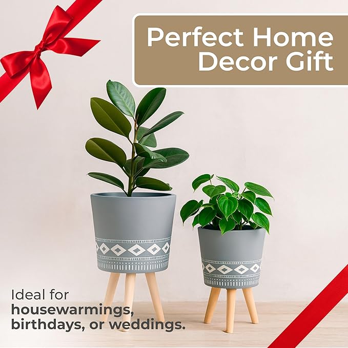 Set of 2 Resin Planters with Stands – Plant Stand Indoor Display, Outdoor Decor – Living Room Or Patio Placement – Mid–Century Style Plant Stand Home Decor – 12" & 10", Gray