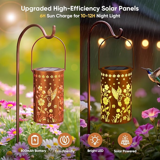 NFEVER Solar Lanterns Outdoor Waterproof: 2 Pack Hummingbird Decor Valentines Day Gifts for Her - 2 Modes Vintage Metal Hanging Solar Lights for Outside Patio Porch - Gardening Gifts for Women Mom
