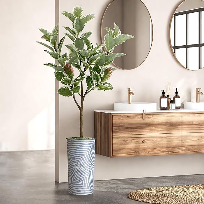 Artificial Tree in Contemporary Geometric Pattern Planter, Fake Rubber Silk TRE for Indoor and Outdoor Home Decoration - 70" Overall Tall (Plant Pot Plus Tree)