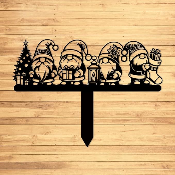 Magilab Personalized Iron Yard Stake - Christmas Cute Gnome Dwarves Decor, 8-Inch Black Metal Garden Sign for Outdoor (Style Q)