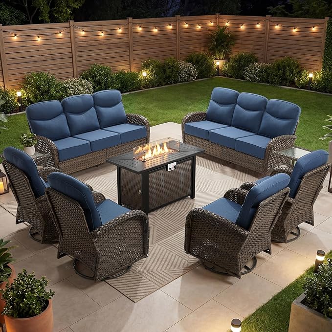 Outdoor Swivel Rocking Chair Patio Set (9pcs) High-Back - Thick Cushion Swivel Rocking Chair Patio with Fire Table Set, All-Weather Wicker Patio Furniture Set, Suitable for Balcony Patios, Brown/Blue