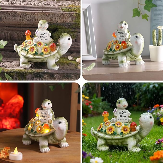 Solar Turtle Garden Statue 7.5 inches, I Flippin Love You Tortoise Figurine with 7 LED Lights, Outdoor Lawn Decor for Patio, Yard, Balcony, Birthday for Mom, Grandma, Women
