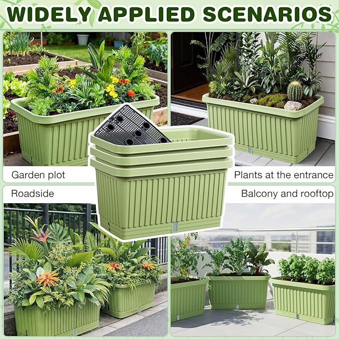 3 Pcs 20 Inches Large Planter Boxes Deep Rectangular Planter Boxes Outdoor Lightweight Plastic Planting Flower Pot with Drainage Holes Plant Pot for Patio, Courtyard, Lawn, Outdoor