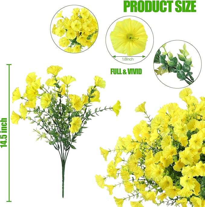 Artificial Flowers for Outdoors 12 Bundles Realistic Faux Plants UV Resistant Fake Silk Morning Glory with Eucalyptus for Front Door Planter Patio Porch Outside Spring Summer Decoration (Yellow)