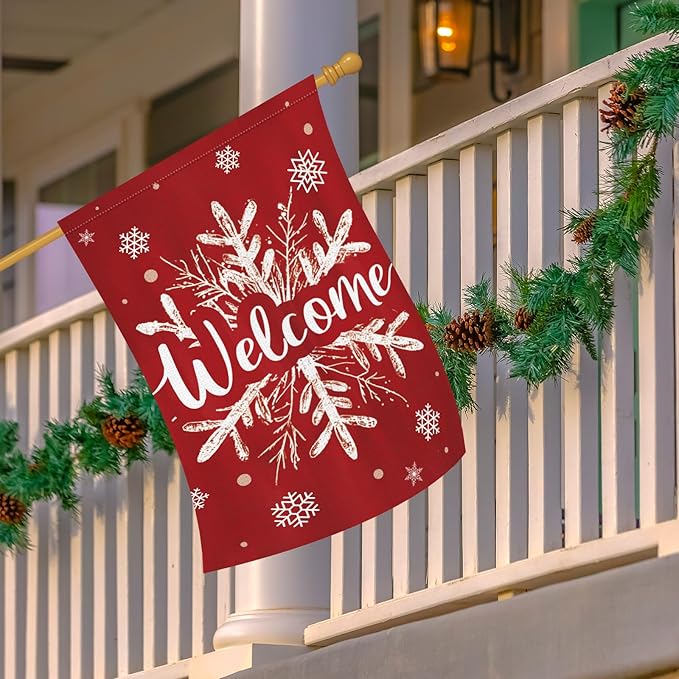 Heyfibro Christmas Welcome Garden Flag 28x40 Inch Double Sided Burlap, Winter Snowflake Yard Banner for Holiday Xmas Yard Outdoor Decoration(ONLY FLAG)