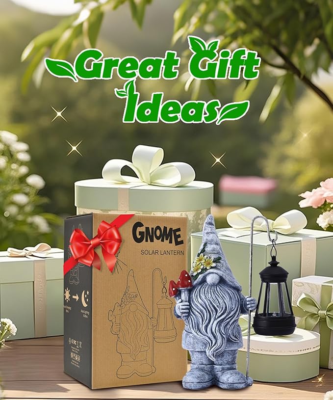 Garden Gnome Statue with Solar Lights Lantern,Outdoor Sculpture Home Decor for Yard Lawn Balcony Patio Porch,Gardening Gifts for Mom Women Grandma
