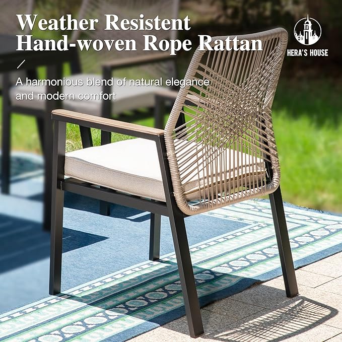 HERA'S HOUSE Outdoor Chairs Set of 4, 36.6" Rattan Dining Chairs with Heavy-Duty Wrought Iron Metal Frame, All-Weather Patio Chair for Garden Lawn Backyard Kitchen Deck