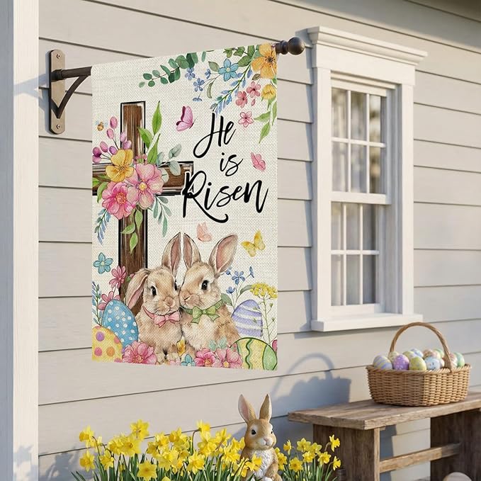 CROWNED BEAUTY Easter House Flag Cross Bunny 28x40 Inch Double Sided Large Holiday Welcome Decoration for Outside Yard