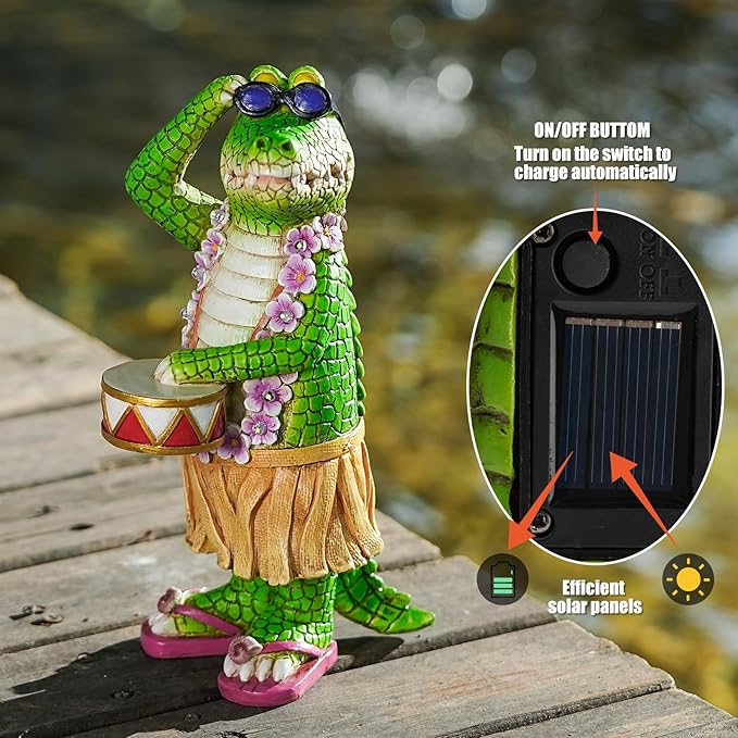 TOLIMI Hawaiian Alligator Garden Statue with LED Floral Garland - Fun Tropical Outdoor Decor, Resin Crocodile Figurine in Hula Skirt for Yard, Patio, or Home